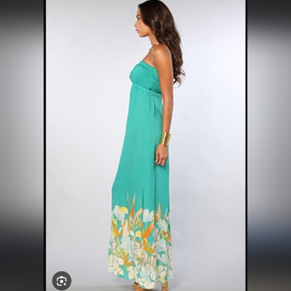 O'Neill Strapless Boho Tropical Floral Teal Resortwear Two Side Slit Flowy Maxi - Picture 2 of 11